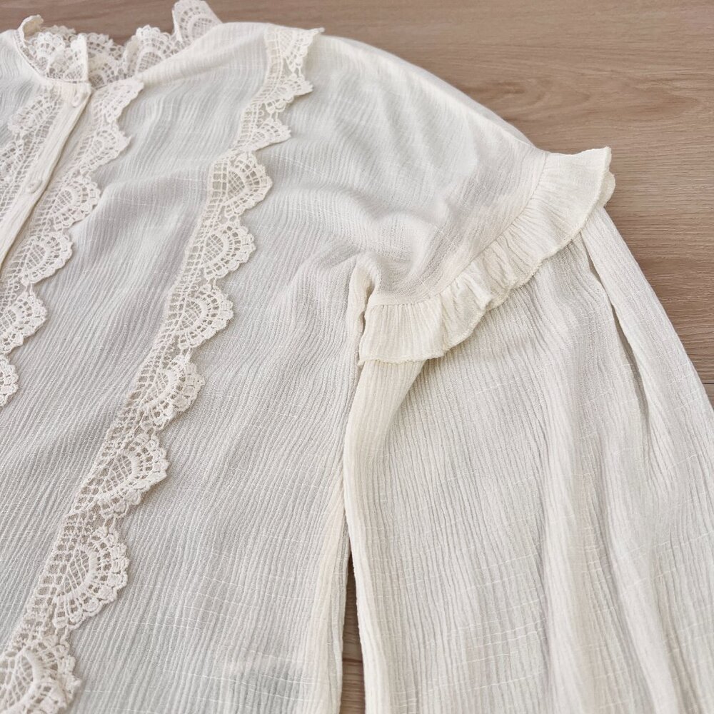 Blu Pepper Ruffly Lace Long Sleeve High Collar Retro Poetcore Button Up Top Sz M - Picture 5 of 15